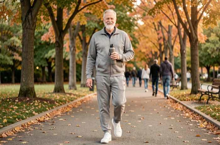 Senior homme marchant dans un parc en automne avec une bouteille d'eau, illustrant l'importance de l'activité physique quotidienne pour les personnes âgées