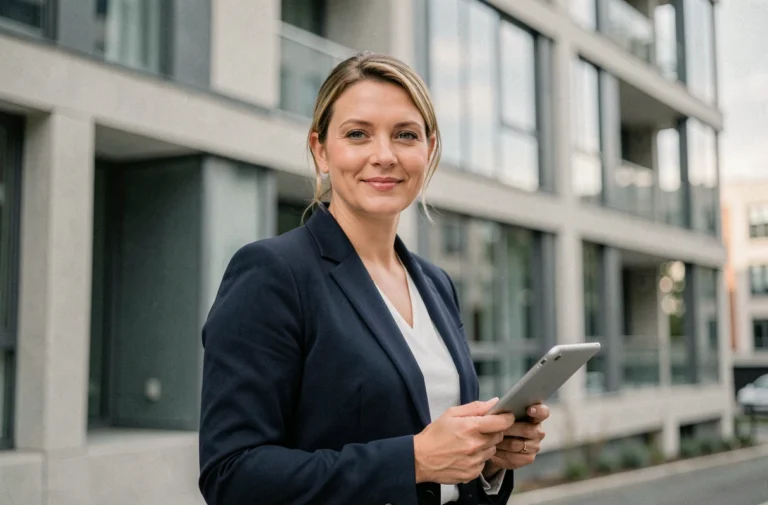 Agent immobilière professionnelle devant un immeuble moderne en verre tenant une tablette numérique