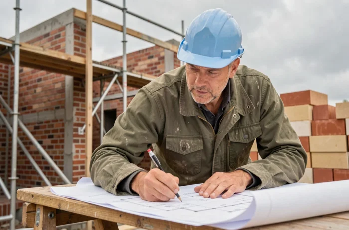 Architecte en chantier de construction en Belgique examinant des plans techniques sur un chevalet en bois