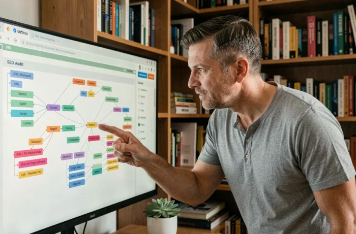 Un développeur web analysant la structure de liens internes d'un site pour améliorer son référencement