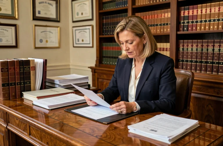 Avocate examinant des documents juridiques dans un cabinet d'avocat traditionnel français avec des codes de droit en arrière-plan