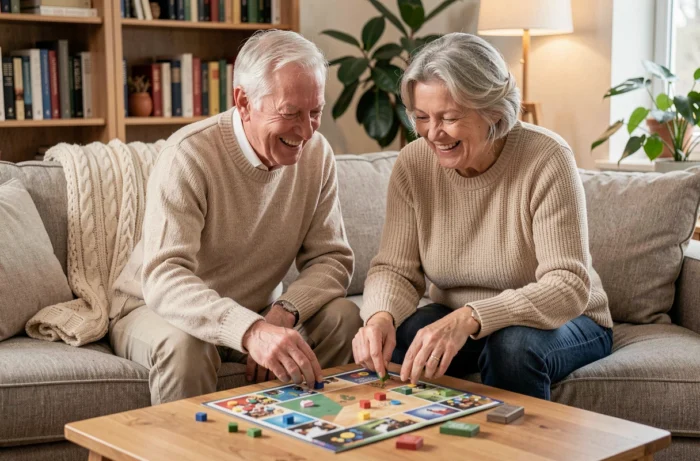 Couple de seniors souriant et jouant à un jeu de société dans un salon confortable, illustrant le bien-être social et mental des personnes âgées au quotidien