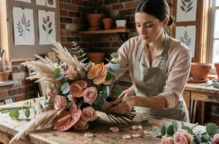 Fleuriste arrangeant un bouquet de mariée asymétrique moderne avec pivoines et herbes de la pampa, tendance florale mariage