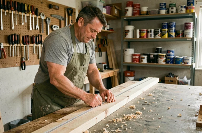 Homme bricoleur mesurant une planche de bois dans un atelier de garage bien organisé