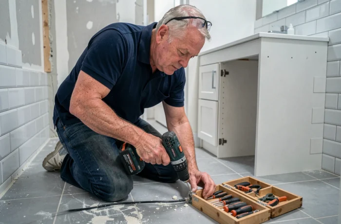 Homme bricoleur vissant une charnière de meuble avec une perceuse dans une salle de bain en rénovation