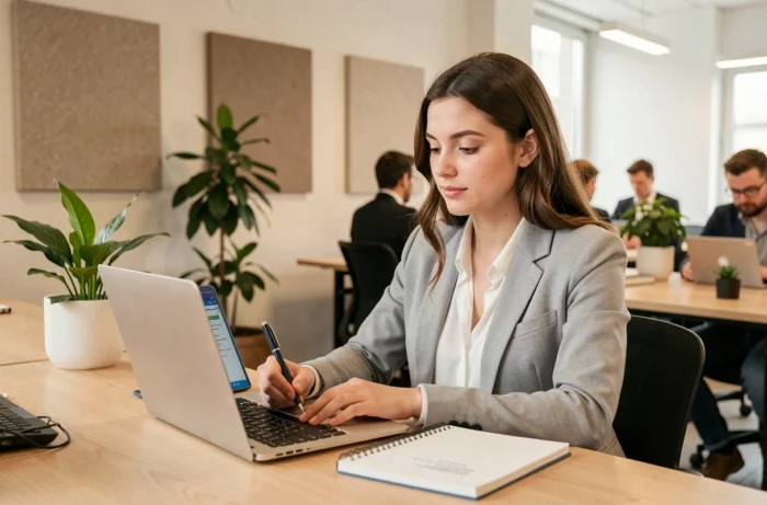 Jeune chef de projet digital d'une ESN travaillant sur une feuille de route numérique dans un espace de coworking moderne