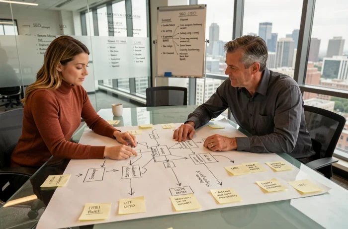 Deux experts en référencement collaborant sur la planification de la structure d'un site web autour d'un schéma technique