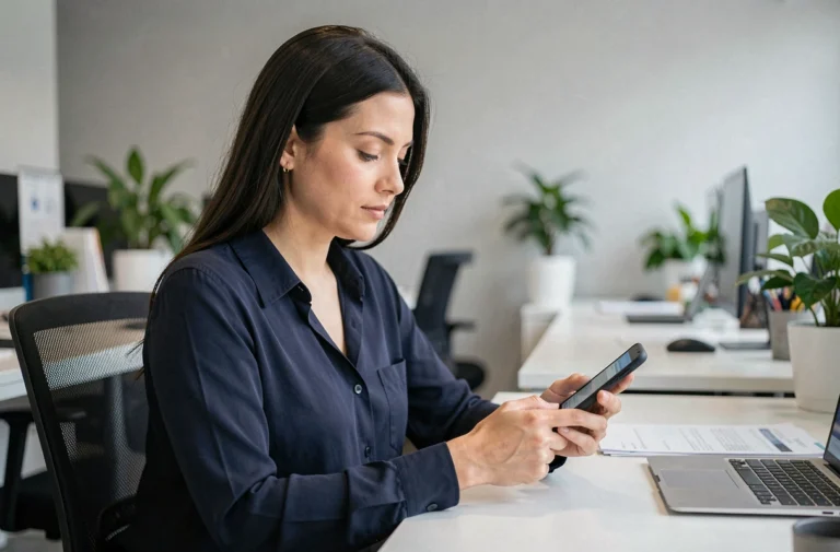 Femme configurant les paramètres IMAP du webmail AC Nantes sur un smartphone Android dans un bureau moderne