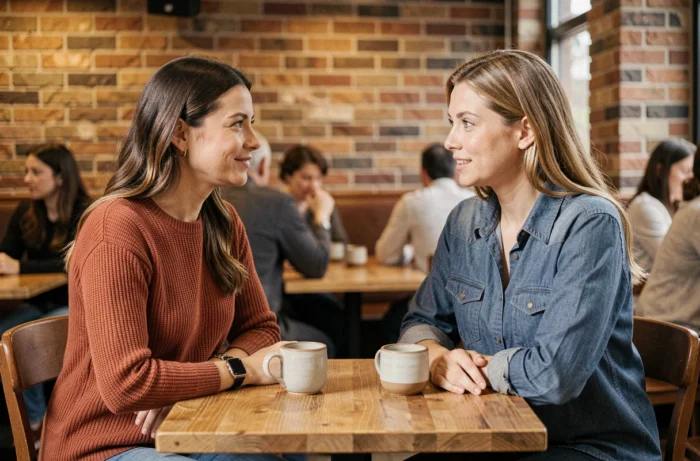 Deux femmes en conversation sincère dans un café indépendant, représentant l'écoute bienveillante et la positivité authentique dans les relations humaines