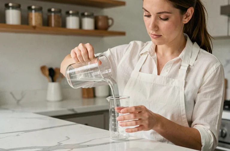 Femme versant 200 ml de liquide dans un bécher gradué en centilitres sur un plan de travail en marbre blanc