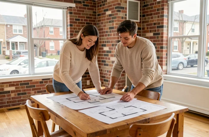Jeune couple consultant des plans d'appartement dans un logement vide à rénover