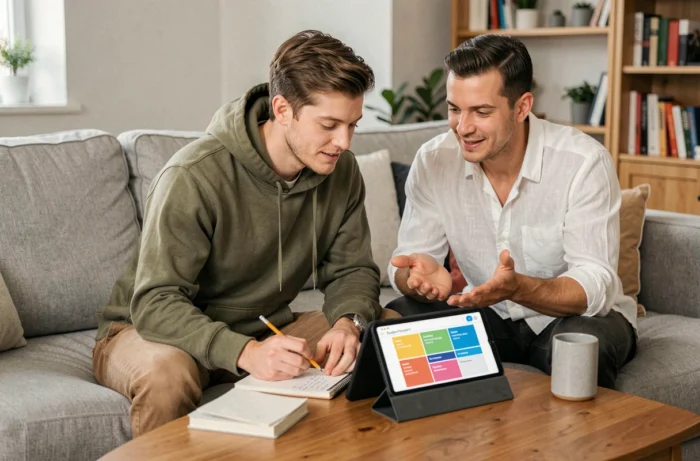 Couple planifiant leur budget commun avec une tablette numérique dans leur salon