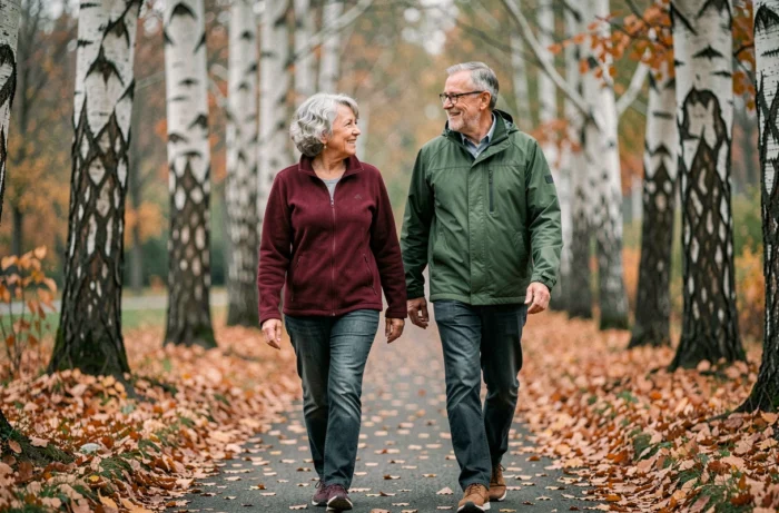 Couple de seniors se promenant ensemble dans un parc en automne pour maintenir une activité physique régulière et préserver leur santé