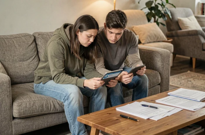 Couple vérifiant ensemble le montant de leur prime d'activité sur une tablette dans leur salon