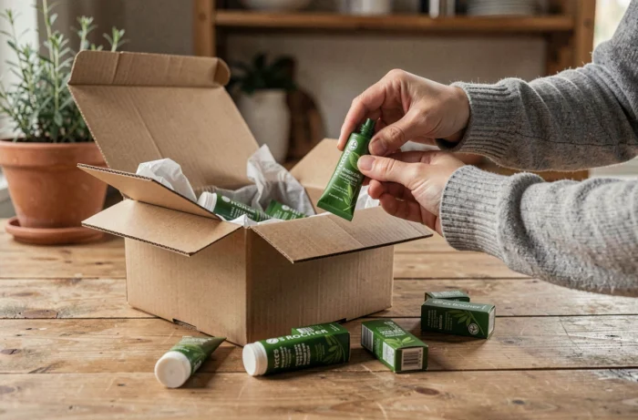 Déballage de colis Yves Rocher avec des échantillons de produits gratuits sur une table en bois rustique