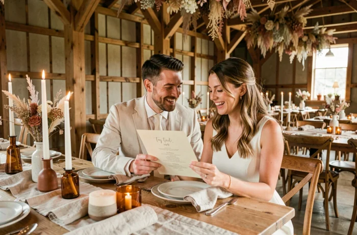 Couple de mariés riant à une table de réception décorée avec un style bohème naturel dans une grange rénovée, décoration mariage tendance