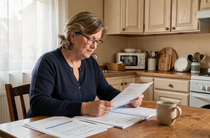 Femme d'une cinquantaine d'années consultant des documents pour une demande de complémentaire santé solidaire à la maison
