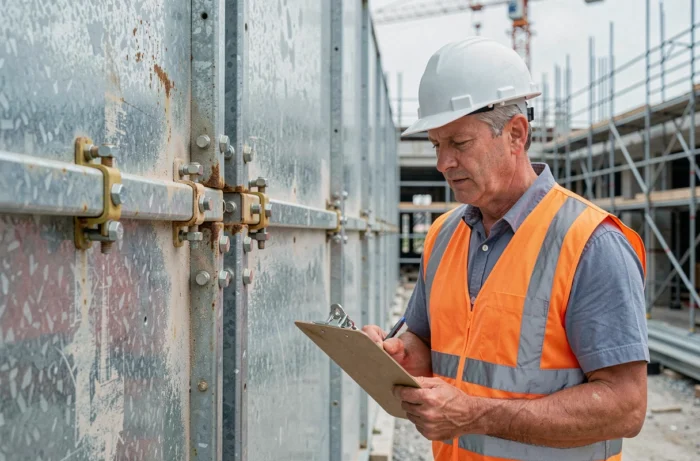 Détail d'assemblage d'une palissade métallique modulaire inspectée par un chef de chantier en gilet haute visibilité