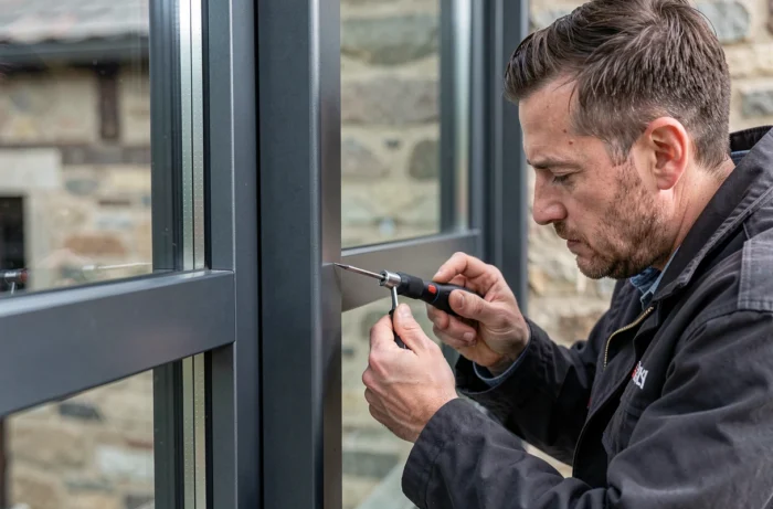 Détail d'assemblage d'un cadre aluminium anthracite pour véranda moderne, artisan en train d'inspecter la pose à Orthez