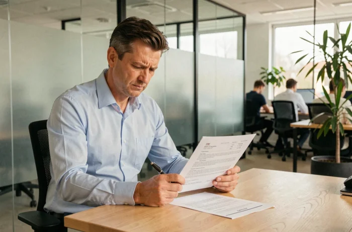 Employé de bureau consultant un contrat de travail à son bureau dans un open space moderne