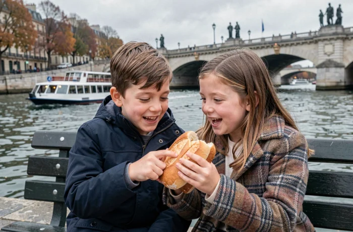Deux enfants assis sur un banc au bord de la Seine à Paris, partageant un repas avec vue sur le Pont Neuf