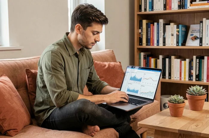 Jeune entrepreneur travaillant sur un outil d'automatisation de référencement naturel dans un espace de coworking convivial