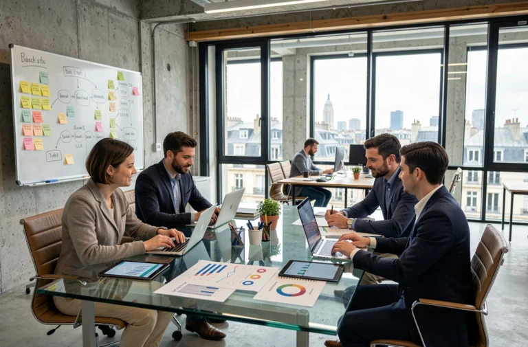 Équipe de professionnels d'une ESN collaborant autour d'une table de réunion dans un bureau moderne à Paris