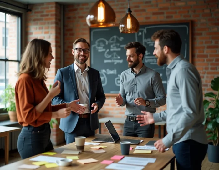 Équipe de professionnels en réunion collaborative dans un espace de coworking moderne, entourés d'outils de travail
