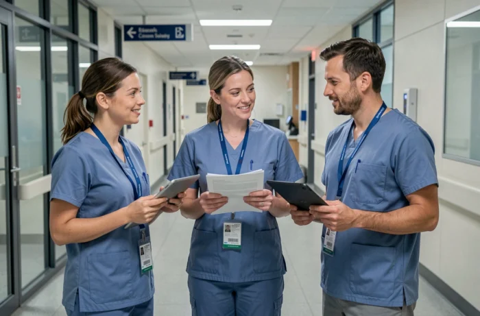 Équipe de professionnels de santé en discussion dans un couloir d'hôpital moderne, illustrant la collaboration médicale