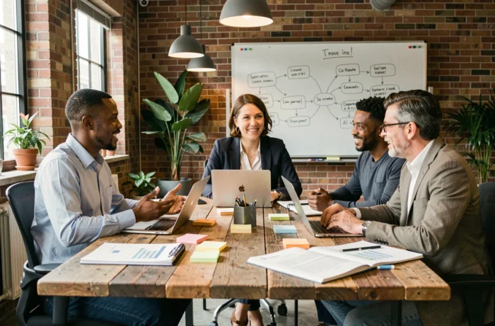 Équipe professionnelle diversifiée en réunion de travail collaboratif autour d'une table avec documents de planification stratégique