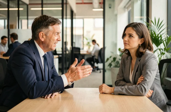 Réunion professionnelle tendue entre un commercial trop insistant et une prospect réticente dans un bureau moderne