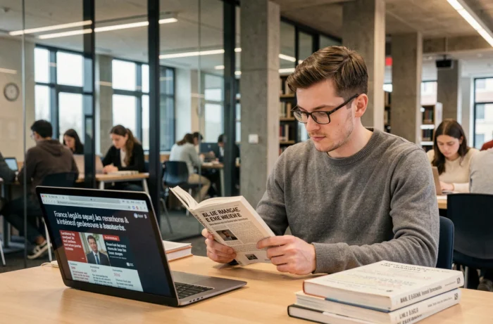 Étudiant en droit lisant une revue juridique française dans une bibliothèque universitaire moderne avec un ordinateur portable