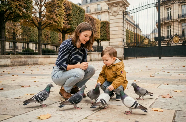 Mère et jeune enfant observant des pigeons dans un jardin parisien en automne, ambiance familiale et urbaine à Paris