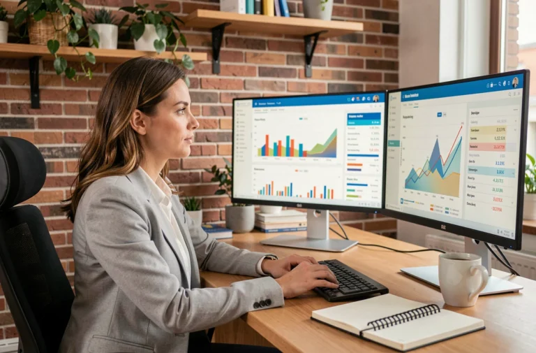 Femme analyste SEO examinant des tableaux de bord d'automatisation et de référencement sur deux écrans dans un bureau moderne