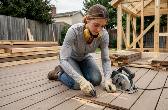 Femme bricolant en extérieur avec une scie circulaire lors de la construction d'une terrasse en bois composite