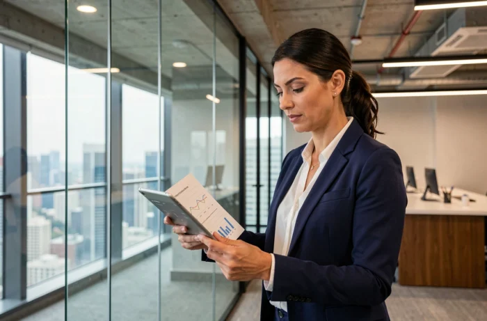 Femme cadre en blazer marine analysant des graphiques de tendances business dans une salle de réunion moderne avec vue sur la ville