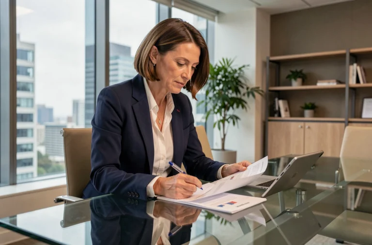 Femme cadre professionnelle analysant des rapports d'affaires dans un bureau moderne avec vue sur la ville