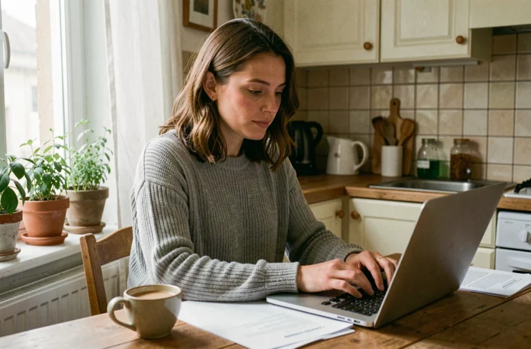 Femme consultant des documents administratifs sur sa prime d'activité à la table de sa cuisine