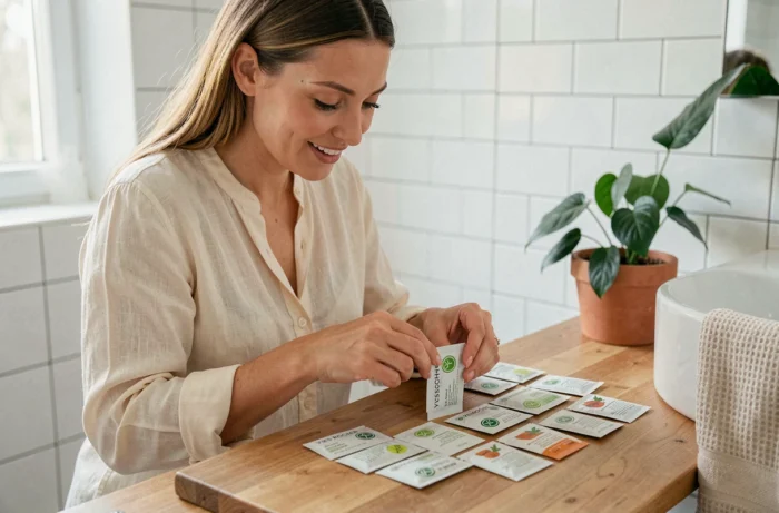 Femme testant des échantillons Yves Rocher gratuits posés sur une coiffeuse en bois dans une salle de bain moderne