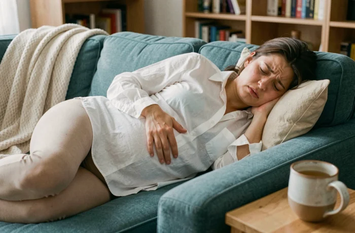 Femme enceinte allongée sur le côté sur un canapé, main sur le ventre, expression de gêne abdominale en fin de grossesse