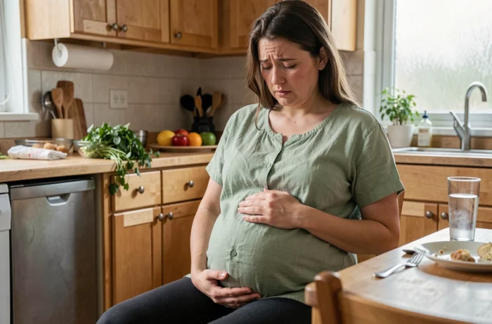 Femme enceinte au troisième trimestre assise à la table de cuisine, expression d'inconfort digestif, mains sur le ventre