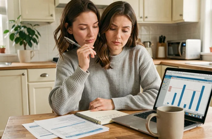 Femme gérant son budget personnel avec des relevés bancaires et un ordinateur portable sur une table en bois