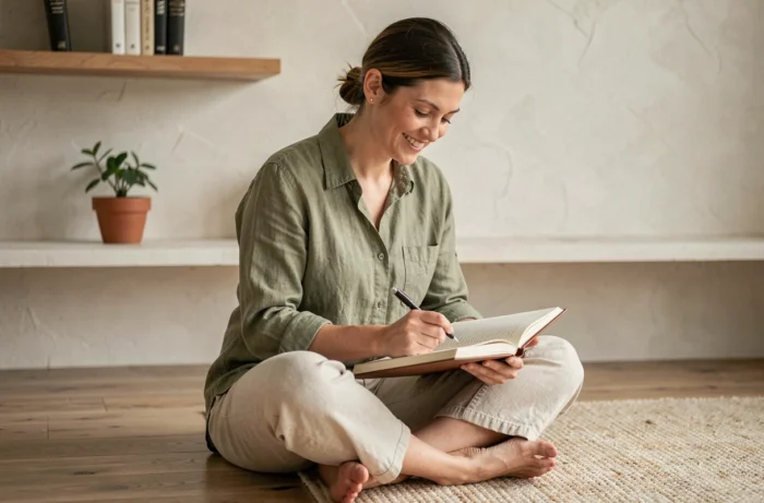 Femme trentenaire écrivant dans un journal sur le sol d'un salon minimaliste, illustrant la positivité authentique et la pleine conscience au quotidien