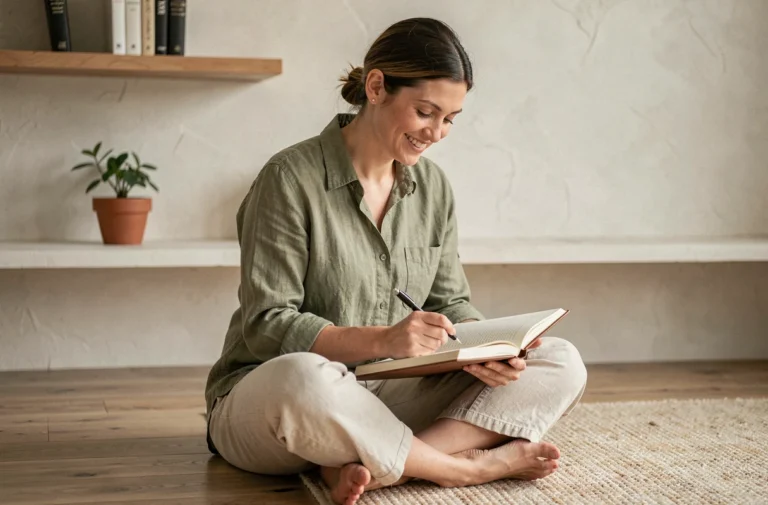 Femme trentenaire écrivant dans un journal sur le sol d'un salon minimaliste, illustrant la positivité authentique et la pleine conscience au quotidien