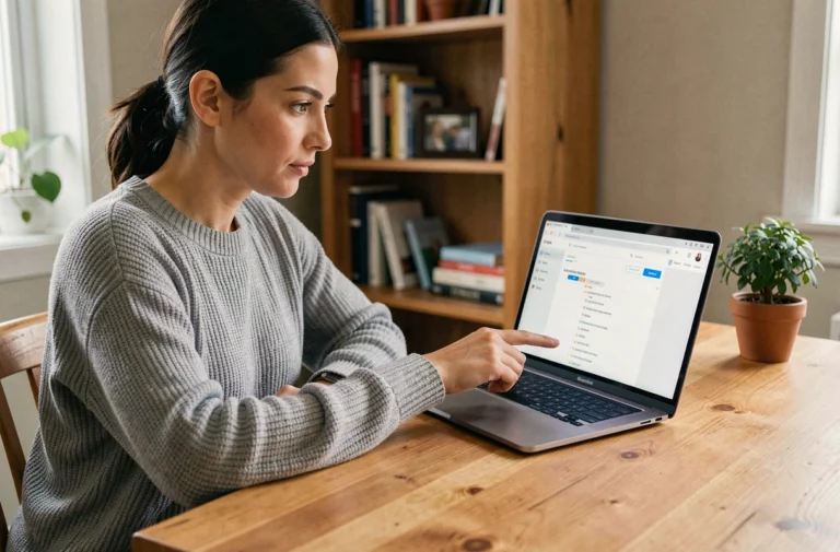 Femme naviguant sur un plan de site web depuis un bureau en bois à la maison