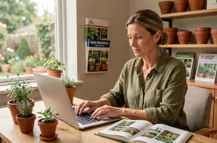 Femme consultant un site de jardinage sur son ordinateur portable dans un bureau à domicile entouré de plantes et de livres de jardinage