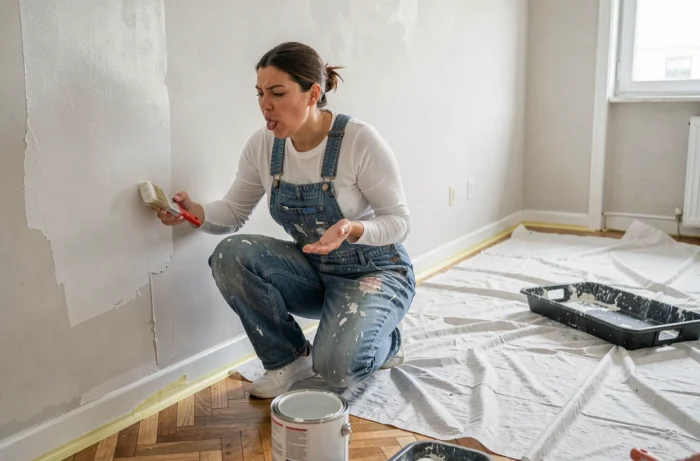 Femme en salopette peignant un mur intérieur lors de travaux de rénovation à domicile