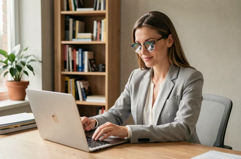 Femme utilisant une plateforme de recrutement en ligne sur son ordinateur portable dans un bureau à domicile moderne