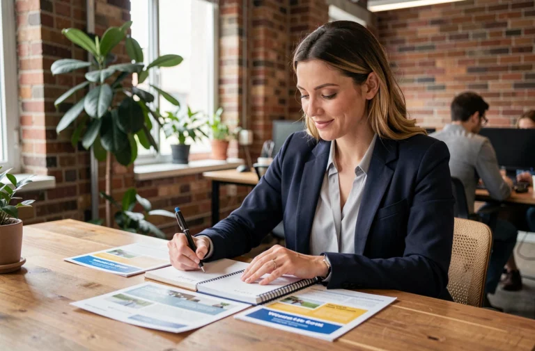 Femme professionnelle en blazer marine étudiant des brochures de formation dans un espace de coworking moderne