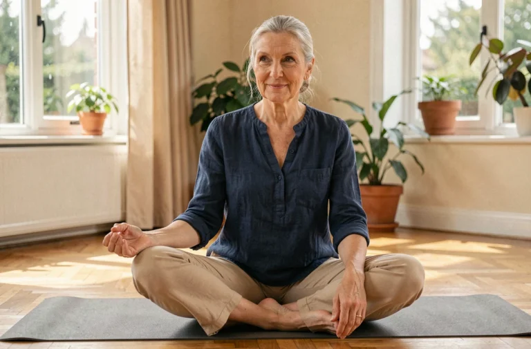 Femme de 60 ans pratiquant des étirements doux sur un tapis de yoga dans un salon lumineux pour rester en forme et autonome